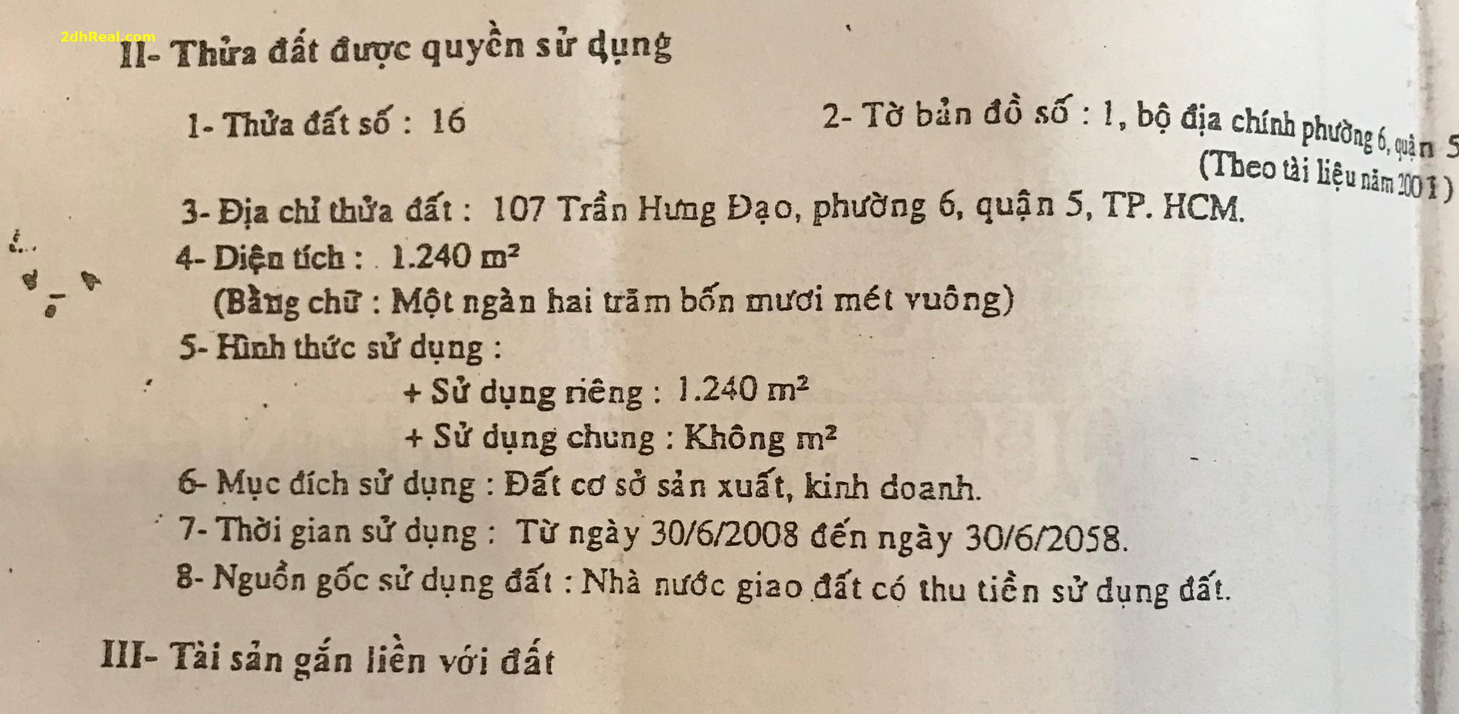 Bán dự án phức hợp Đại Thế Giới 2,345m2 số 107 – 107B Trần Hưng Đạo, phường 6, quận 5, Tp.HCM